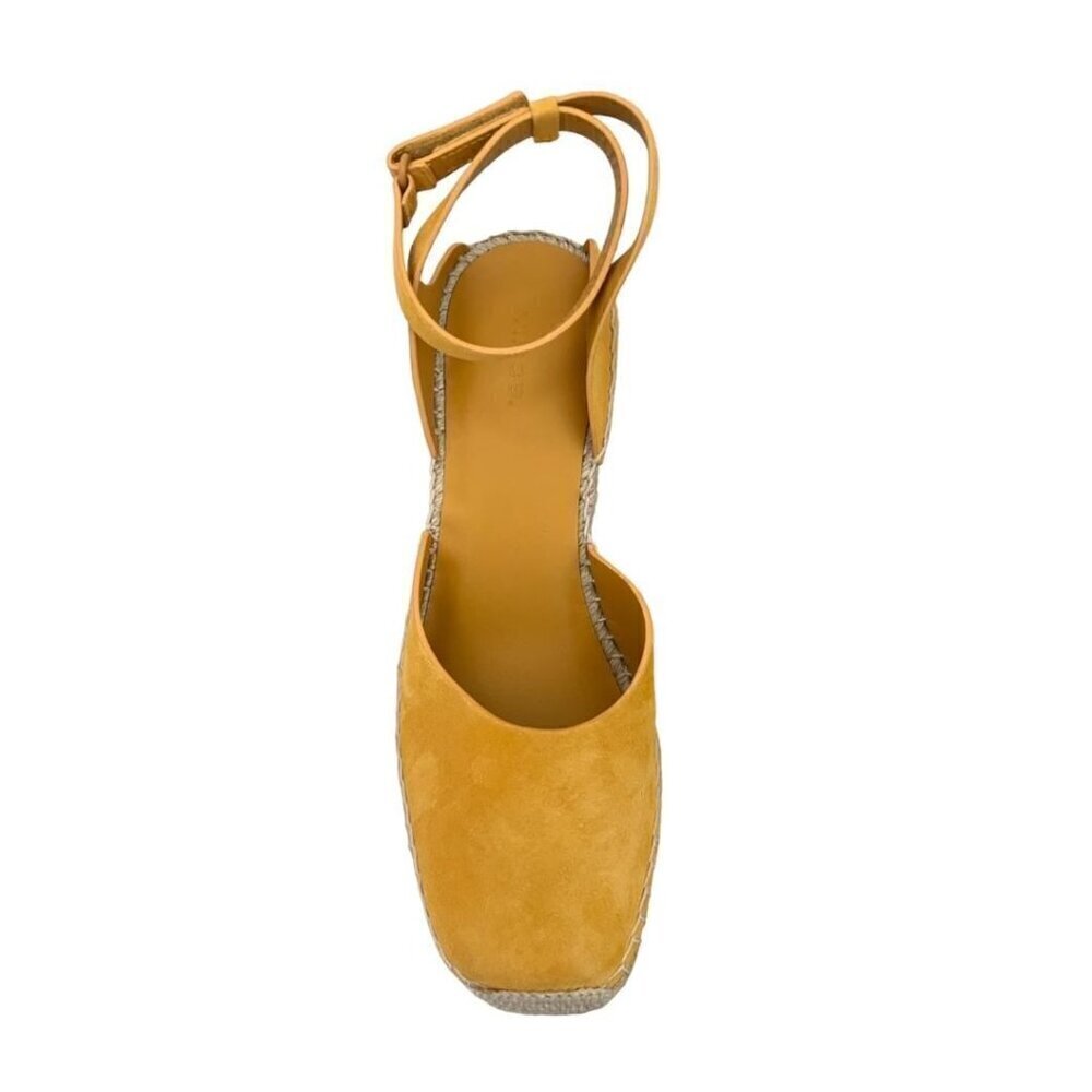 Vince Womens Papaya Yellow Suede Ankle Strap Espadrille Wedge Sandals Sz 8 M New - Picture 2 of 12
